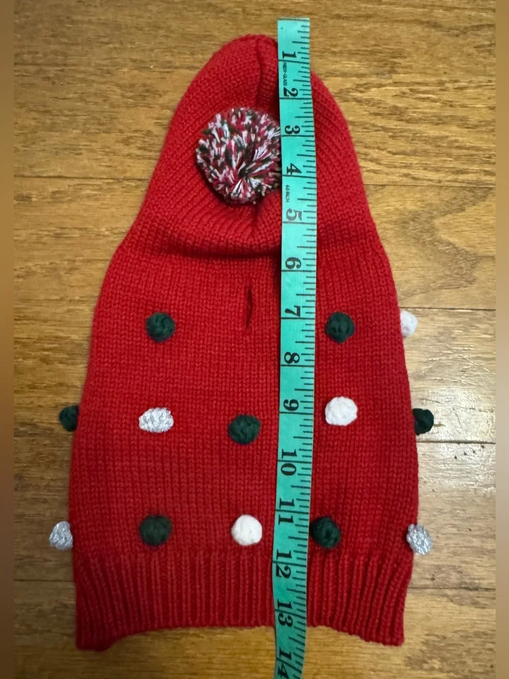 Martha Stewart Red, Green, White, & Silver Pom Pom Hoodie Puppy/Dog Sweater, XS